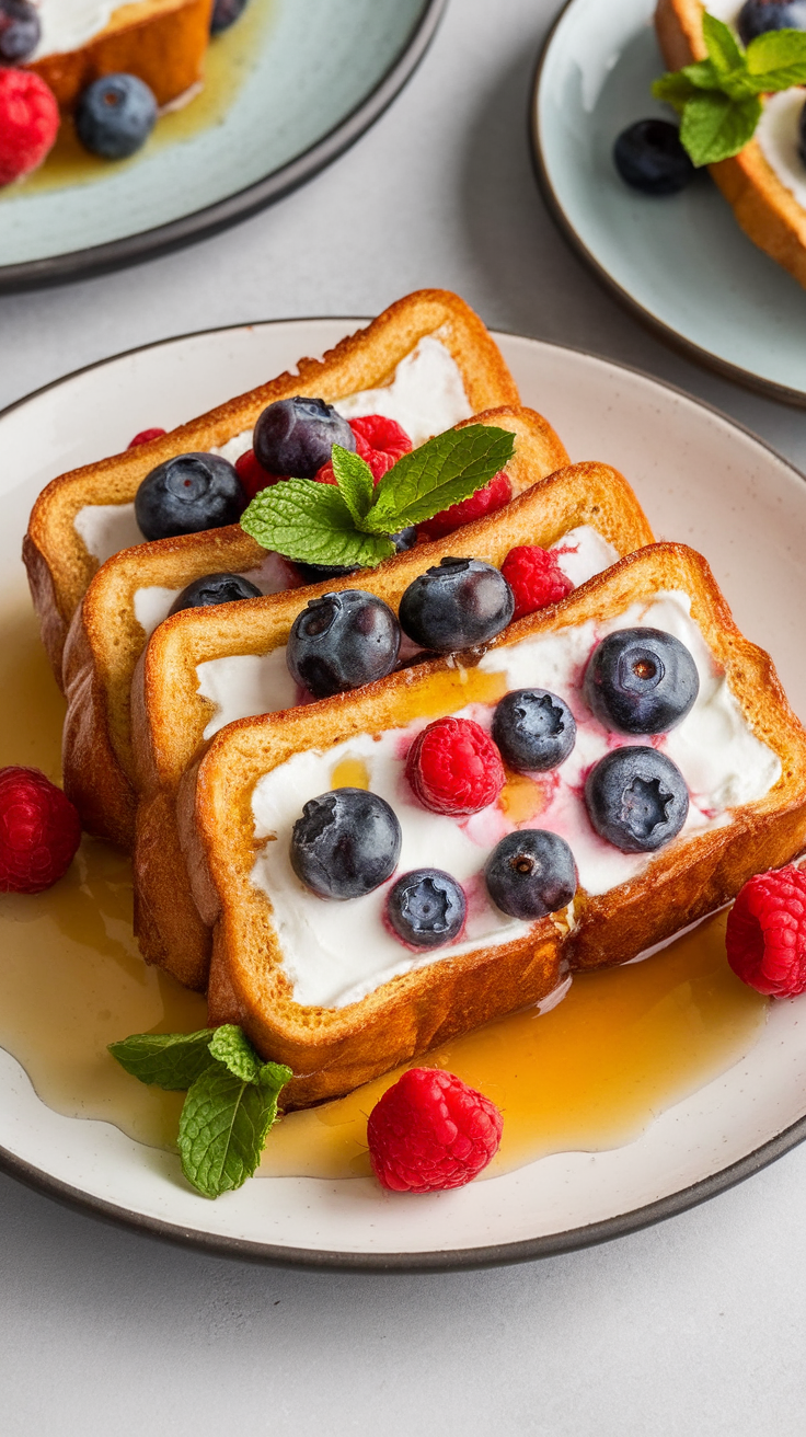 Delicious French toast stuffed with cream cheese and topped with berries.