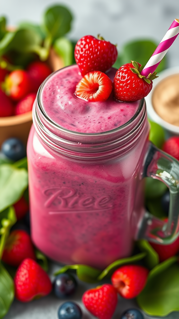 A vibrant berry and spinach smoothie in a glass jar, topped with fresh strawberries and a pink straw, surrounded by berries and spinach leaves.