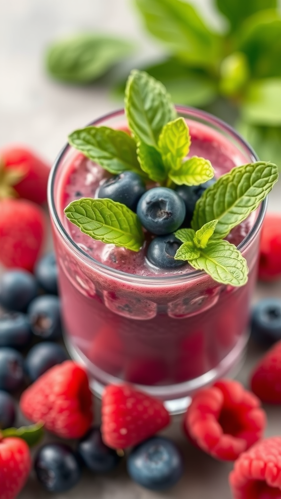 A vibrant glass of berry smoothie topped with mint leaves, surrounded by fresh blueberries and raspberries.