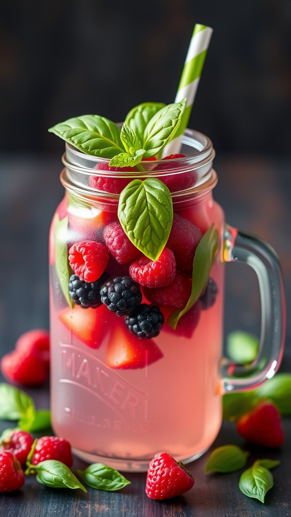 A refreshing Berry Basil Lemonade in a mason jar, filled with strawberries, raspberries, blackberries, and basil leaves.