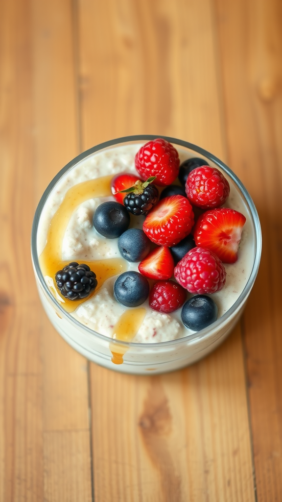 Fruit bowl breakfast recipes with a bowl of overnight oats topped with assorted berries and a drizzle of honey.