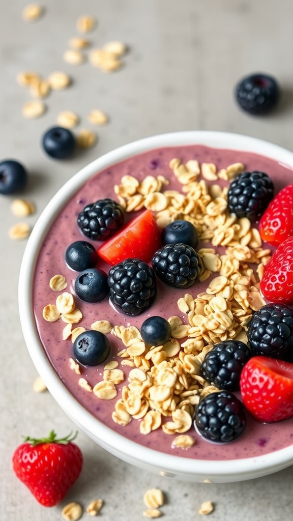 A delicious berry oatmeal smoothie topped with fresh strawberries, blackberries, blueberries, and granola.