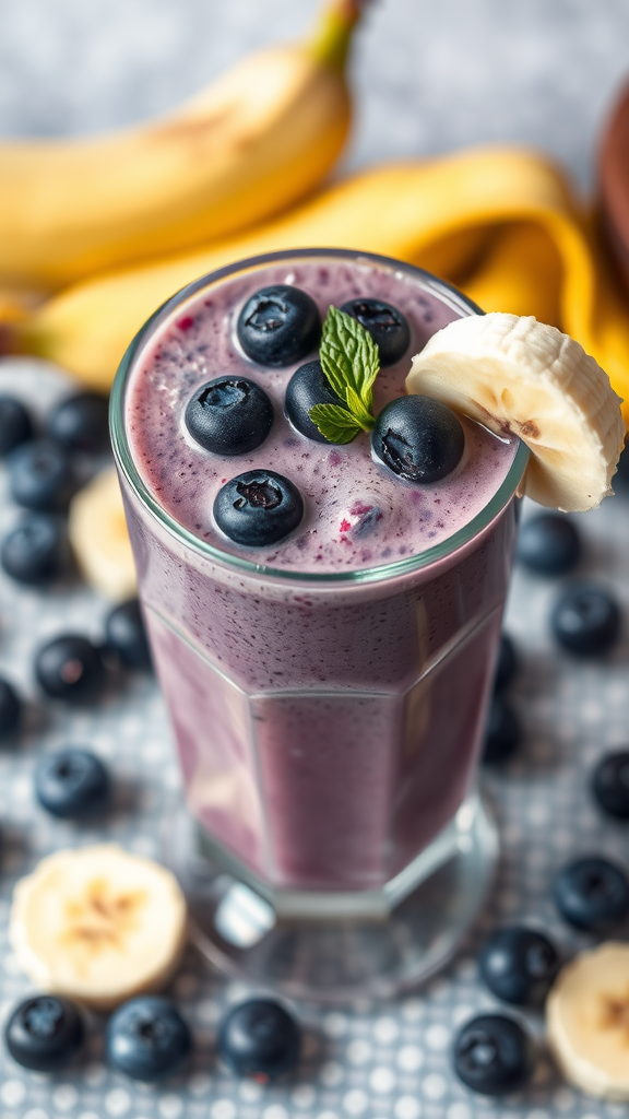 A refreshing blueberry banana smoothie topped with fresh blueberries and a banana slice, surrounded by whole bananas and blueberries.