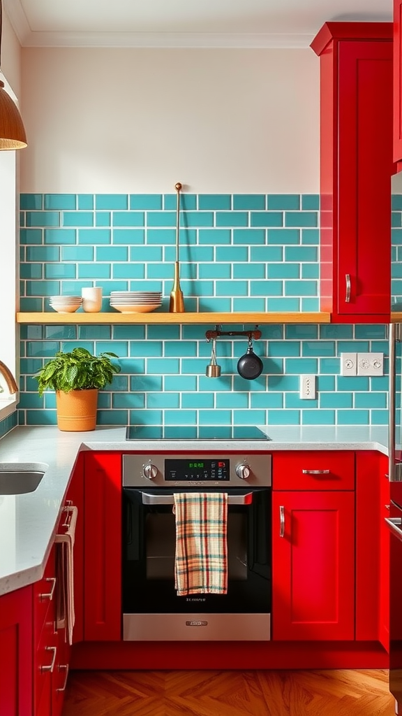 A vibrant kitchen featuring red cabinets and turquoise tiled backsplash.