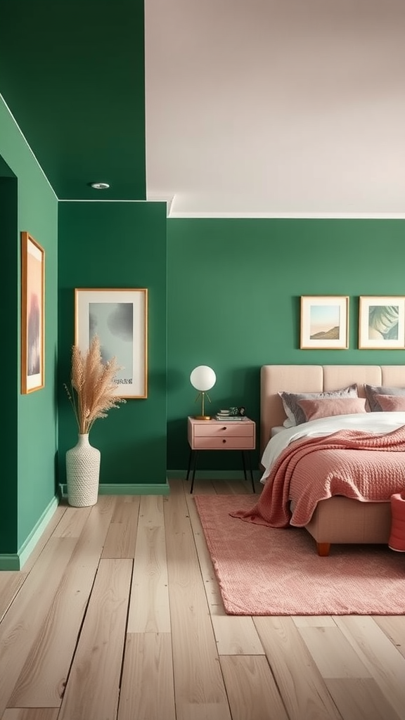 A stylish bedroom featuring bold green walls and blush furniture.