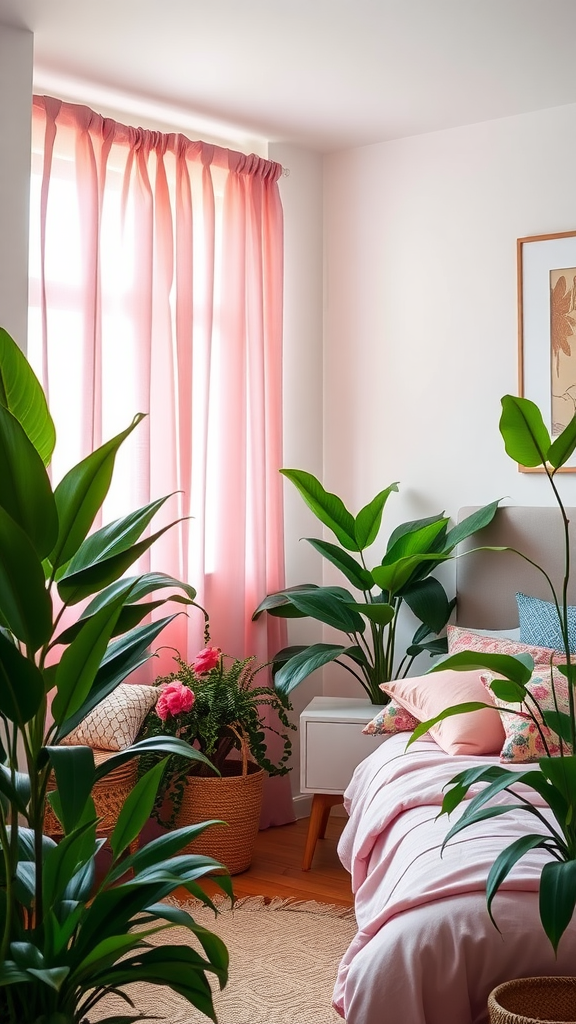 A cozy bedroom featuring lush green plants and soft pink decor.