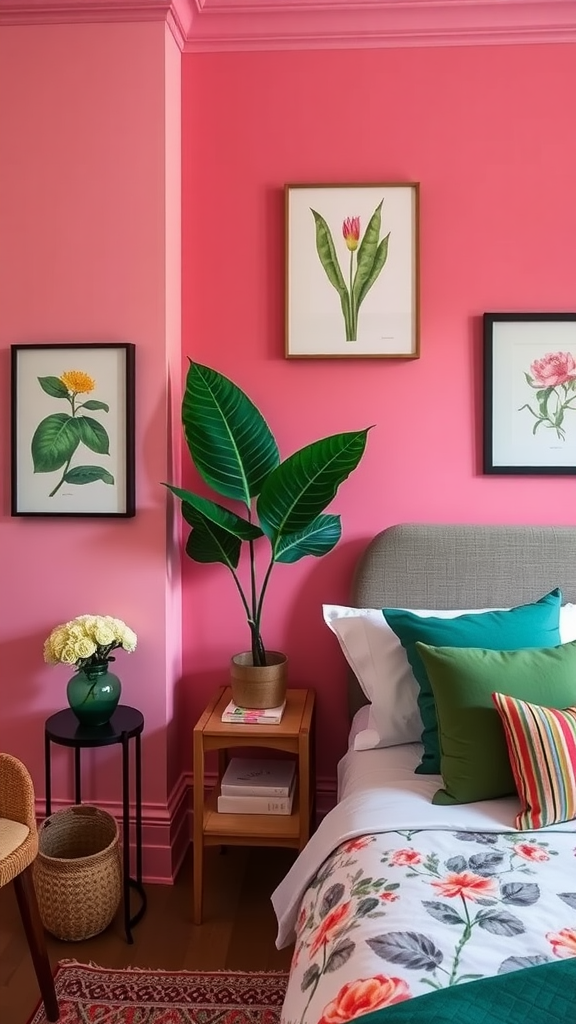 Bedroom with pink walls adorned with botanical prints and a cozy bed