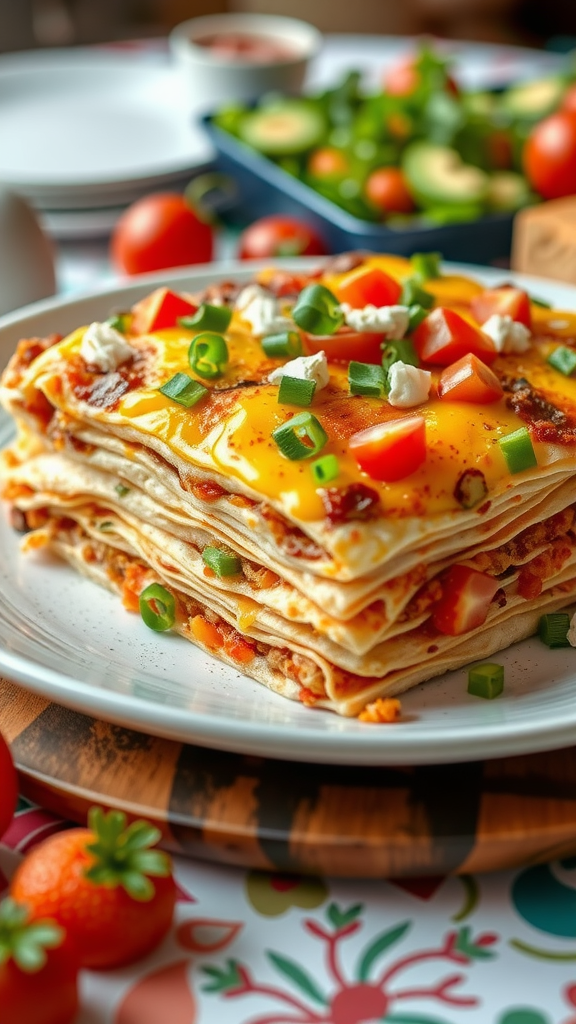 A delicious breakfast burrito casserole layered with tortillas, cheese, and colorful vegetables on a festive table.