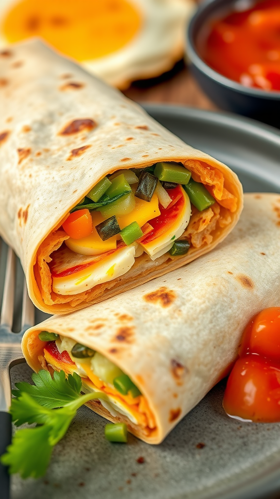 A breakfast burrito filled with vegetables, cheese and served with salsa