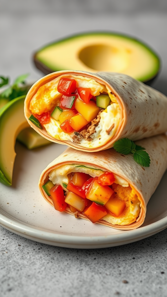 Delicious breakfast burritos filled with eggs and fresh vegetables, served with avocado slices