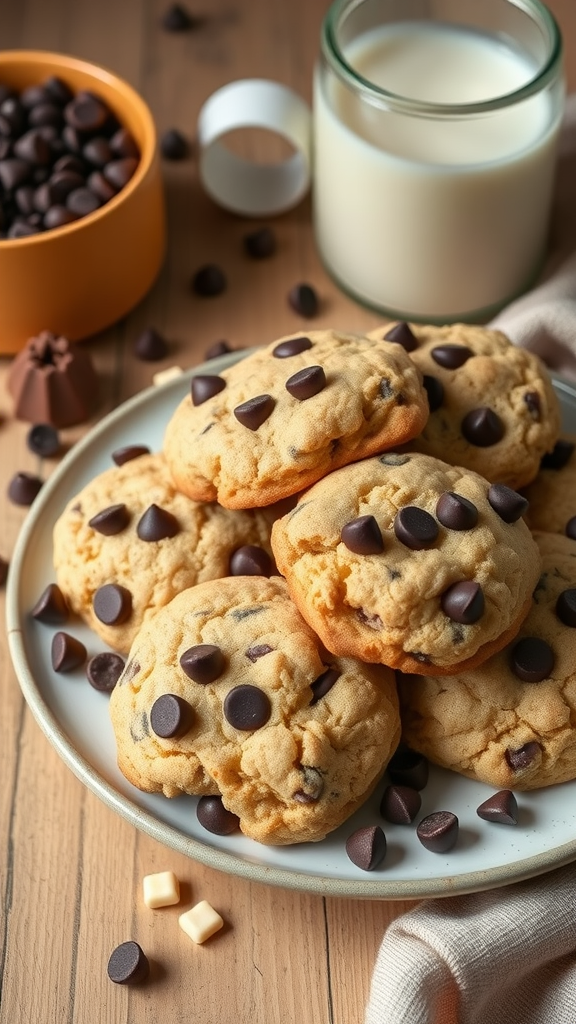 A plate of chocolate chip breakfast cookies with a glass of milk and a bowl of chocolate chips.