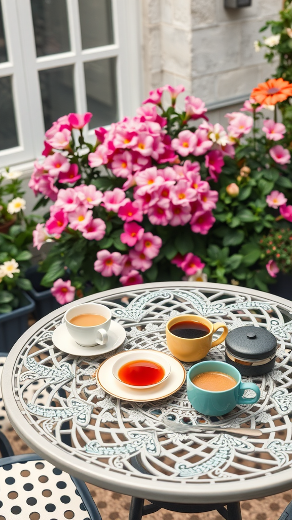 A table set for breakfast with coffee and tea surrounded by blooming flowers on a patio.