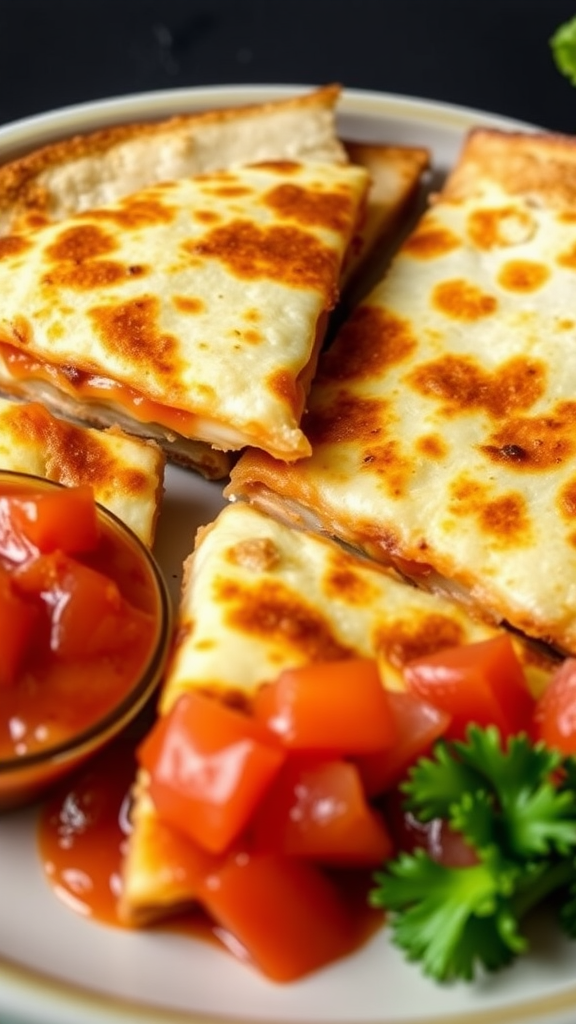 Breakfast quesadilla with cheese, cut into slices, served with salsa