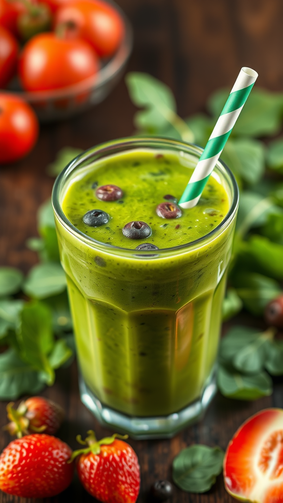 A refreshing green smoothie made with spinach, berries, and topped with blueberries, served in a glass with a striped straw.