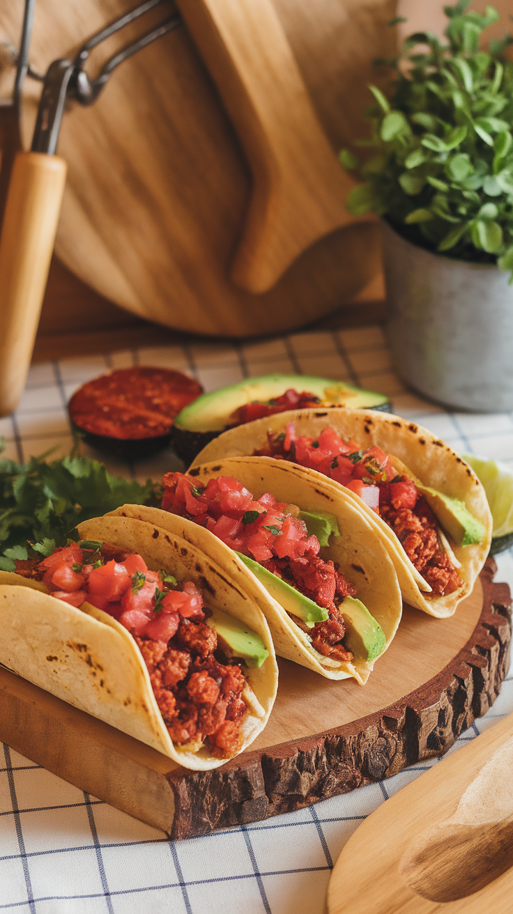 Delicious breakfast tacos with chorizo, avocado, and fresh toppings