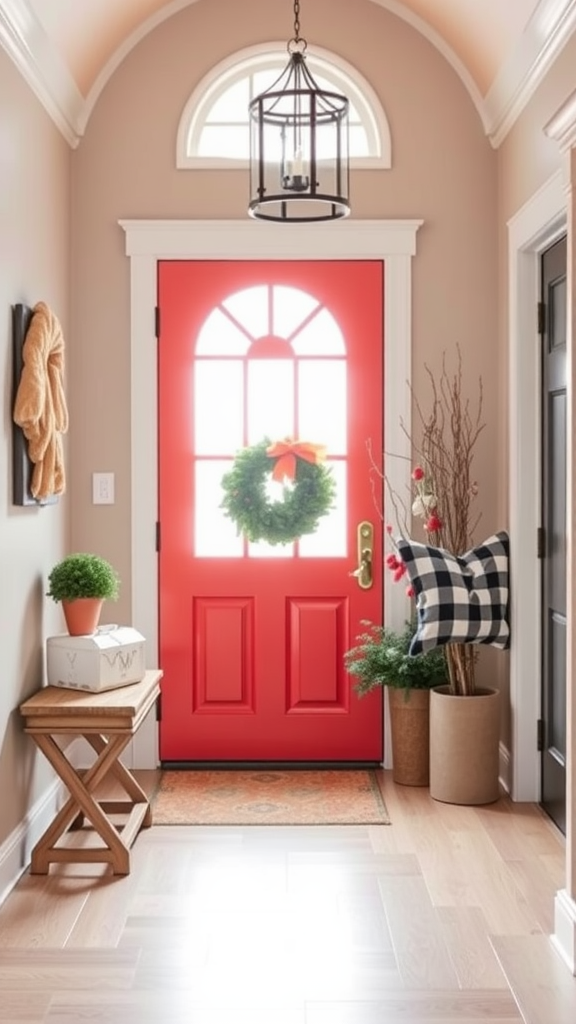 A bright red door with green wreaths and stylish decor in a cozy entrance.