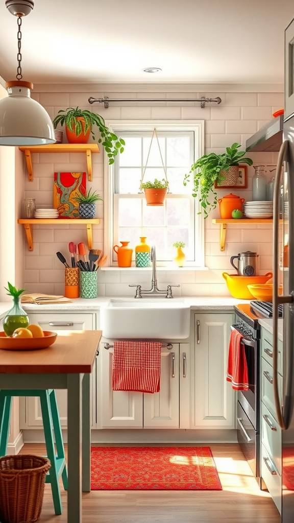 A bright and cheerful kitchen with colorful accents and plants.