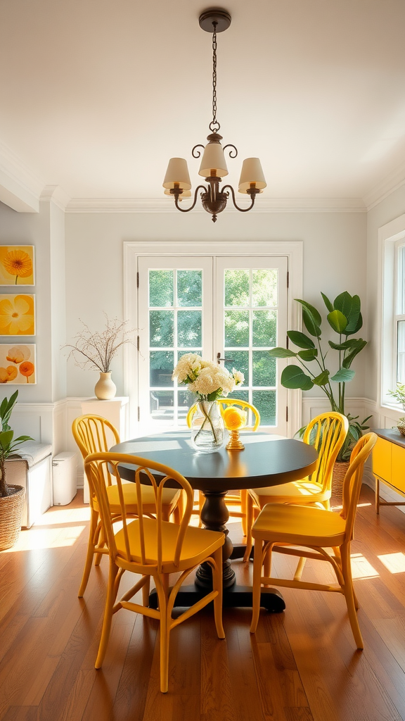 A bright dining area with yellow chairs and a floral centerpiece