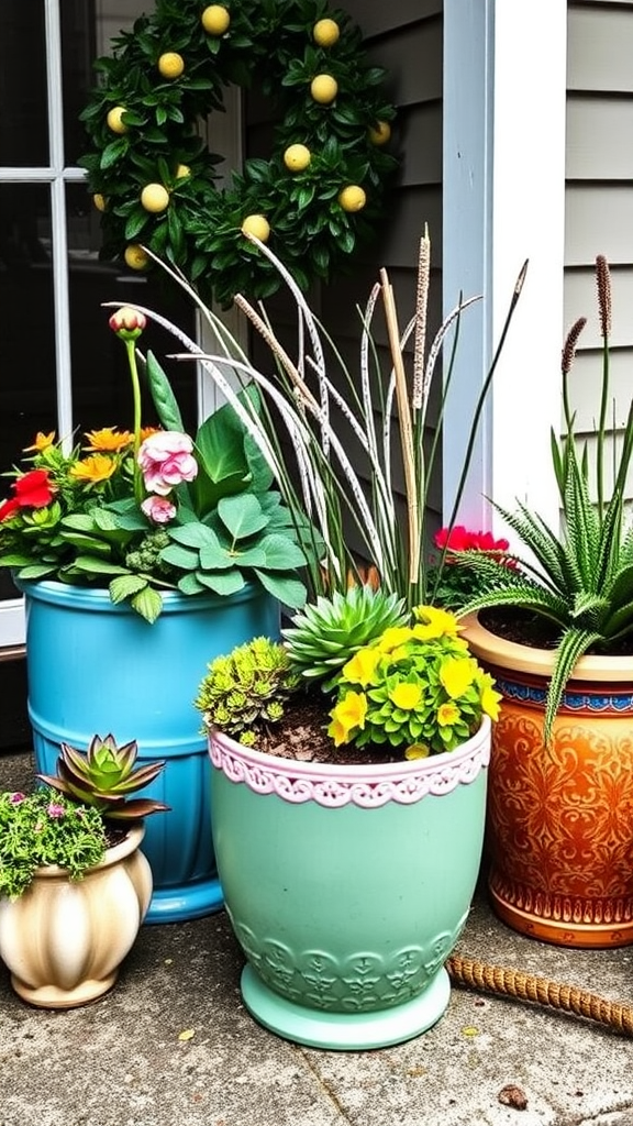 A collection of brightly painted planters with various flowers and plants.