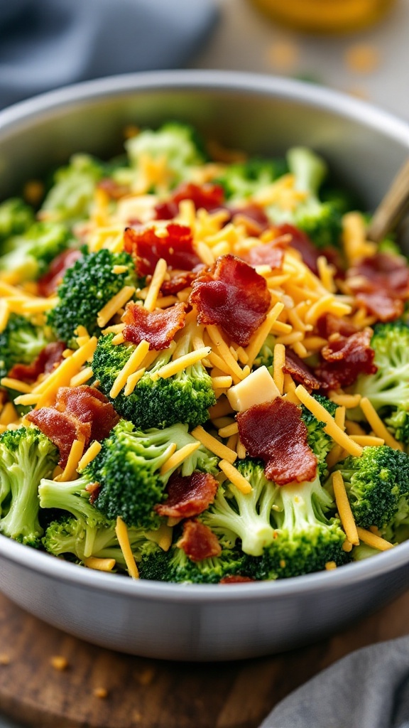 Bowl of broccoli salad topped with bacon and cheddar cheese.