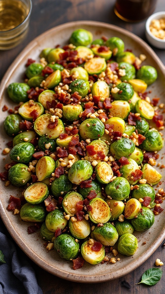 A platter of Brussels sprouts garnished with crispy bacon bits.