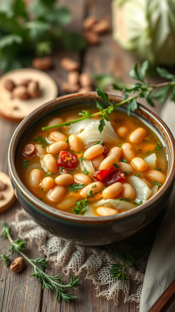 A bowl of cabbage and bean soup garnished with herbs on a rustic wooden table.