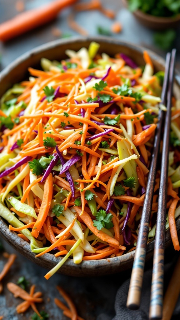 A bowl of colorful cabbage and carrot slaw garnished with cilantro, with chopsticks resting on the side.