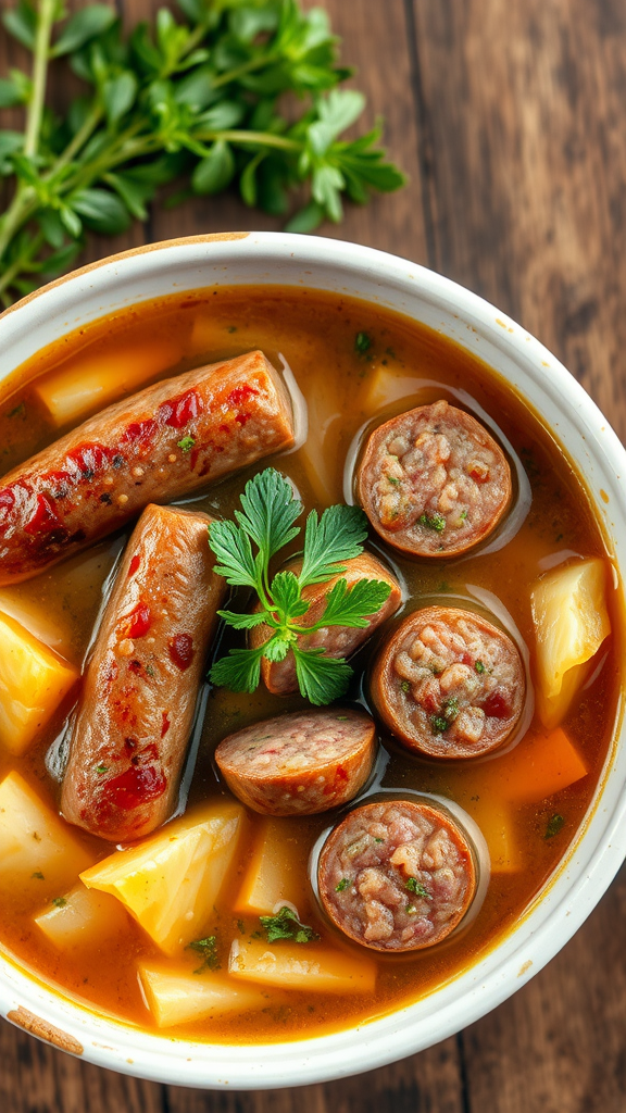 A bowl of Cabbage and Sausage Soup with sausage pieces, potatoes, and herbs.