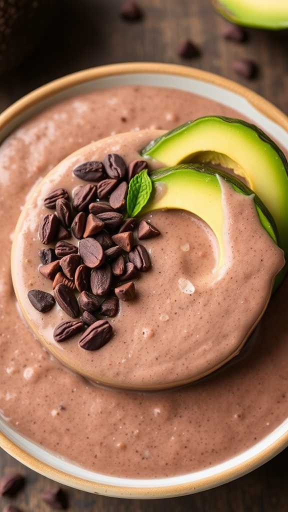 A creamy chocolate avocado dessert topped with chocolate chips and avocado slices.