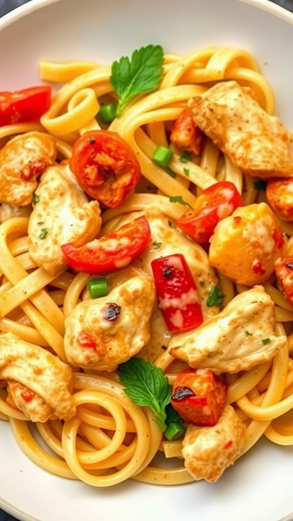 A plate of Cajun Chicken Pasta with red peppers and grilled chicken pieces.