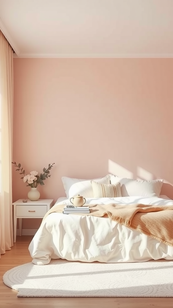 Cozy light pink bedroom with neutral decor elements