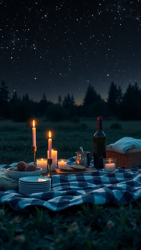 A candlelit picnic setup under a starry night sky, featuring a checkered blanket, candles, wine, and plates with food.