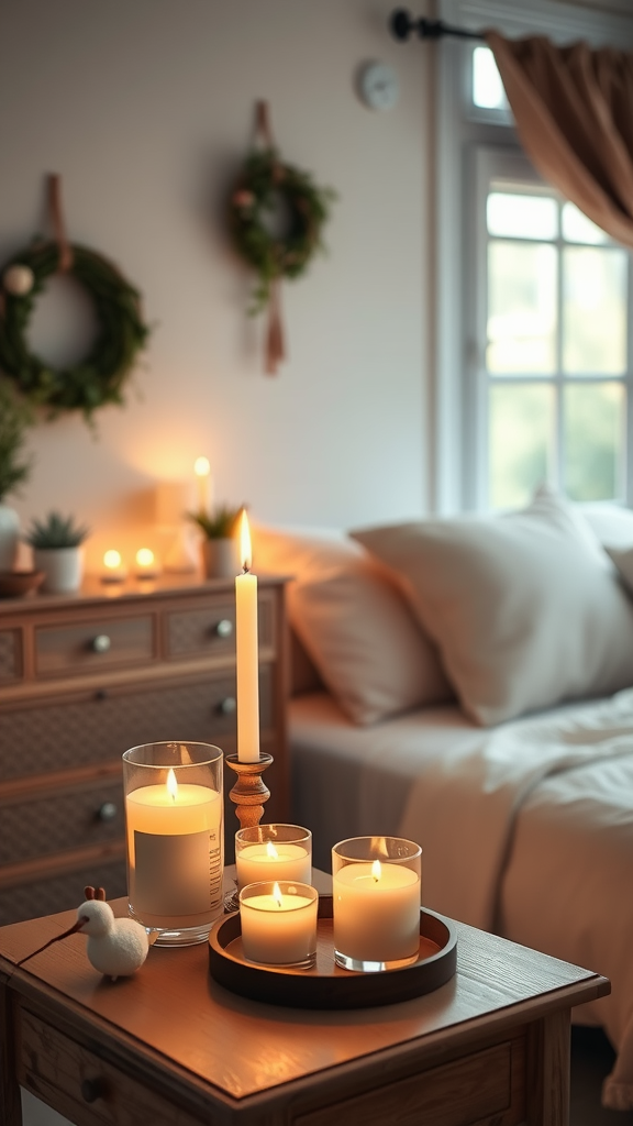 A cozy bedroom scene featuring glowing candles on a tray, soft blankets, and decorative pillows, creating a warm atmosphere.