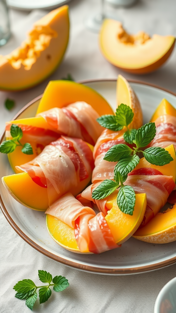 A plate with cantaloupe slices wrapped in prosciutto, garnished with mint leaves.