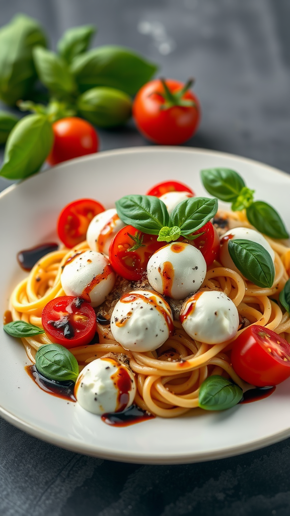 A plate of Caprese pasta topped with fresh mozzarella, cherry tomatoes, and basil