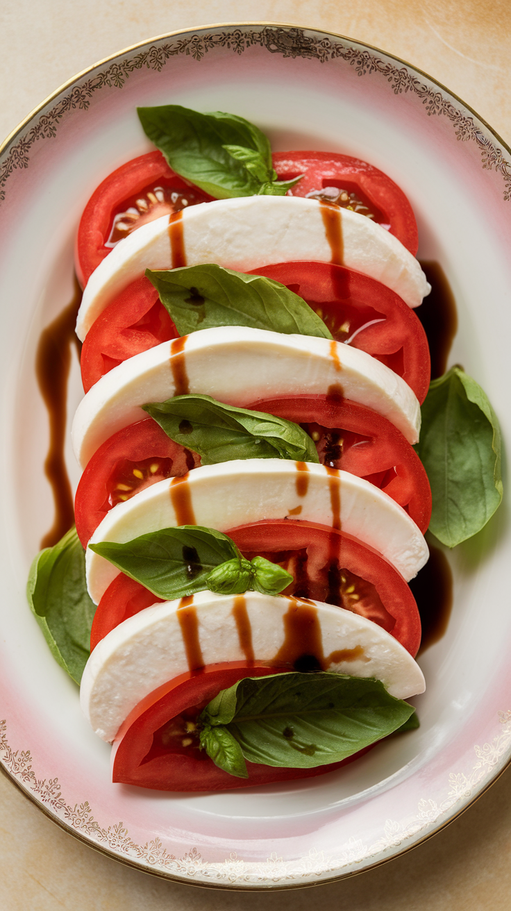 Caprese salad with slices of tomato, mozzarella, and basil drizzled with balsamic reduction.