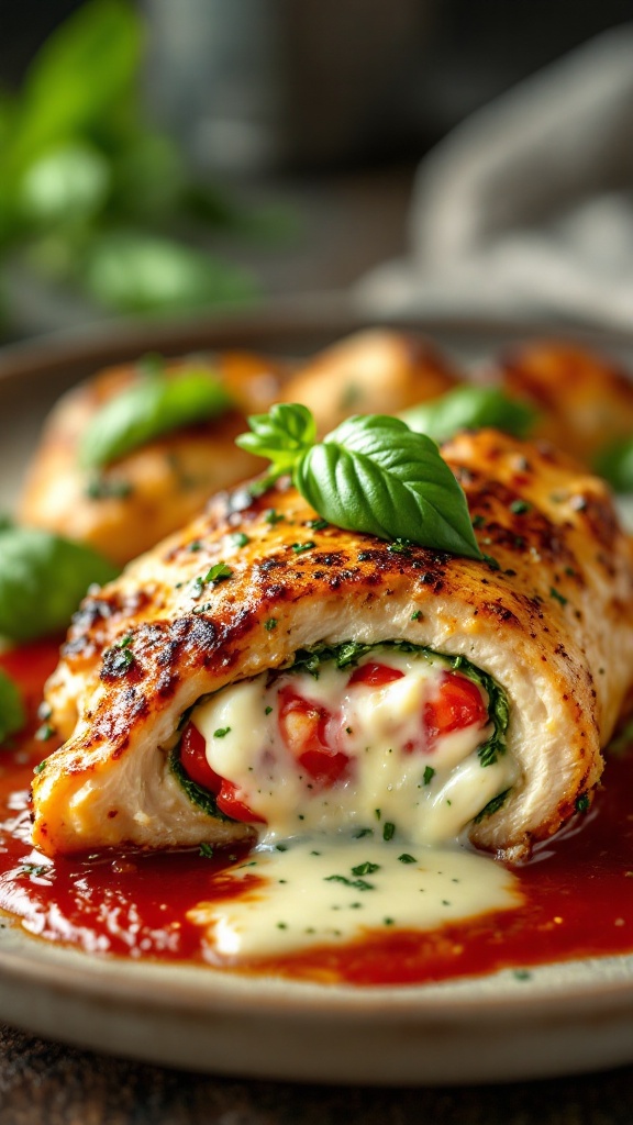 Plate of Caprese stuffed chicken with spinach, mozzarella, and cherry tomatoes, topped with basil and drizzled with marinara sauce.