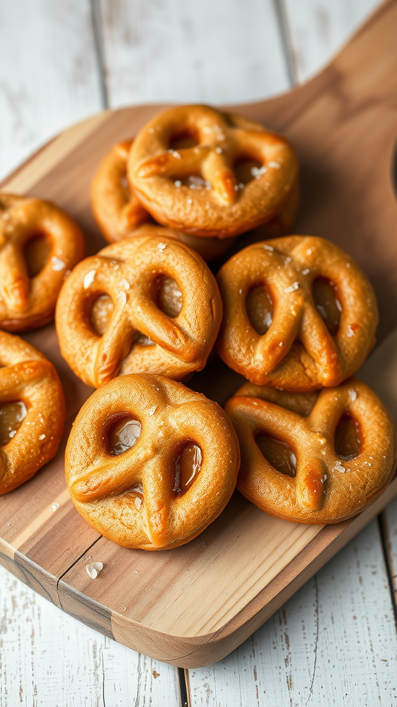 A wooden platter filled with caramel filled pretzel cookies, showcasing their golden color and pretzel shape.