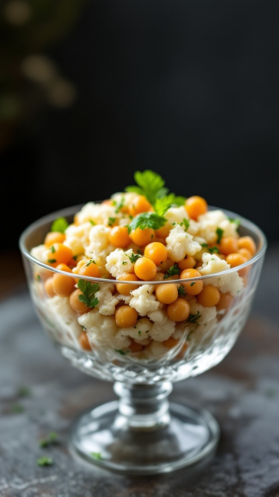 A clear glass bowl filled with a cauliflower and chickpea salad, garnished with fresh herbs.