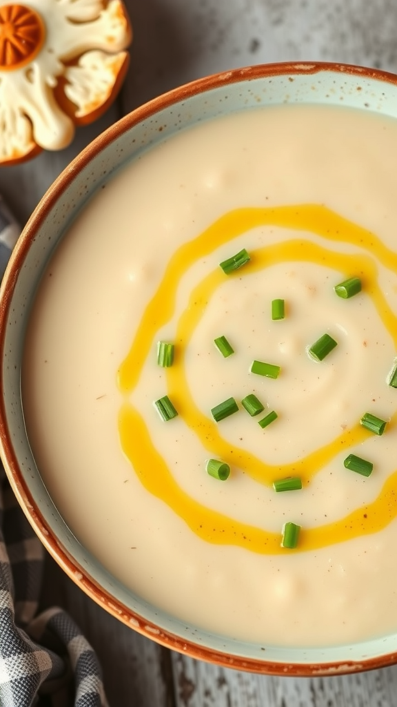 A bowl of creamy cauliflower and leek soup topped with olive oil and chives.