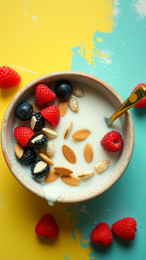 A bowl of cereal with almond milk, topped with berries and almonds, on a colorful background.