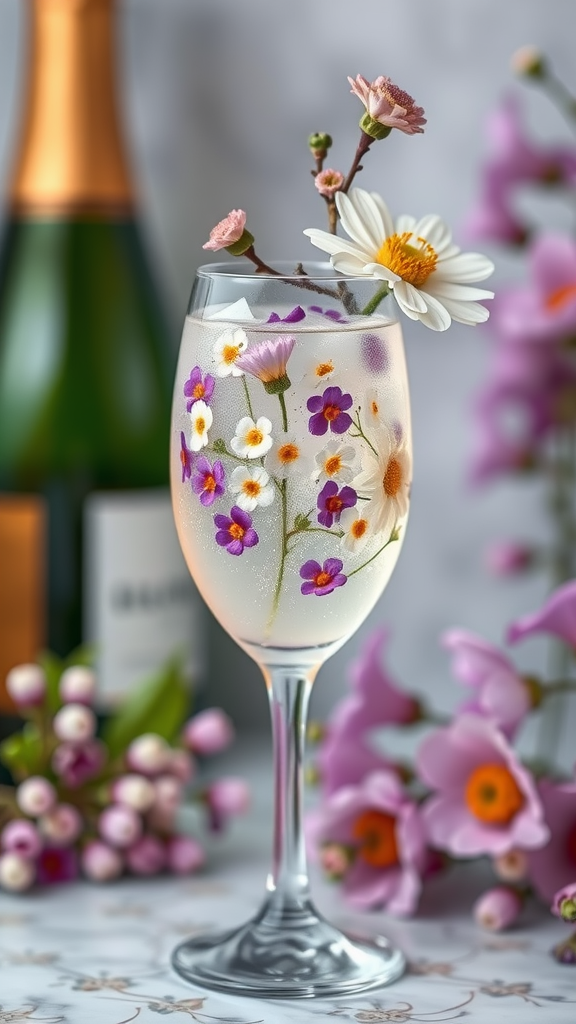 A refreshing glass of Champagne Elderflower Refresher with edible flowers, accompanied by a champagne bottle and floral decorations.