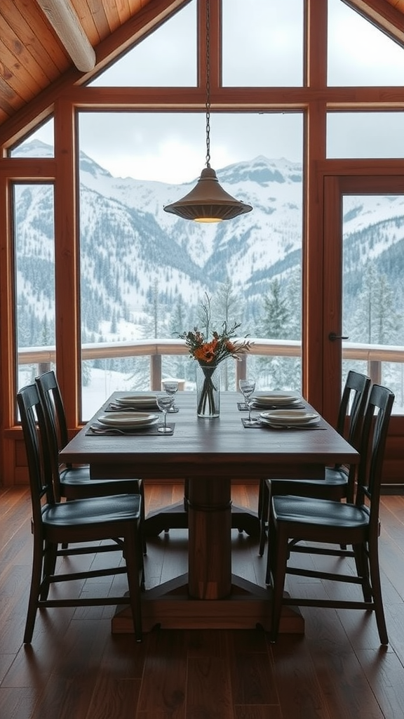 Cozy dining table in an alpine cabin with mountain views