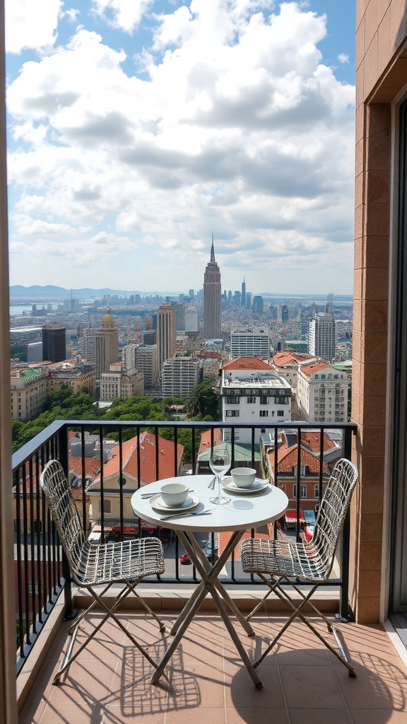 A charming balcony setup with a small table, two glasses, and a view of the city.