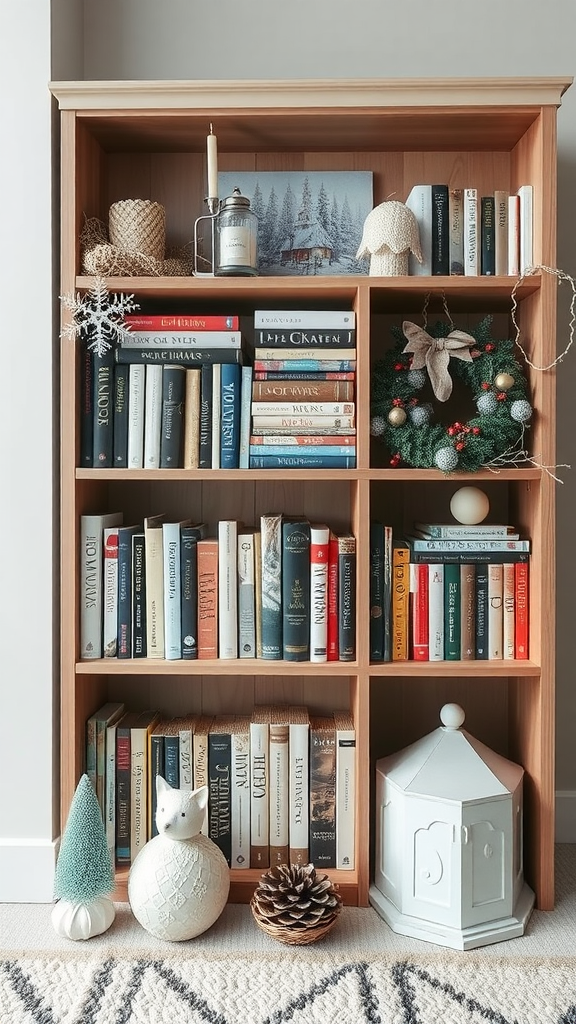 A beautifully styled bookshelf with books and winter decorations, featuring a wreath, lantern, and decorative figurines.