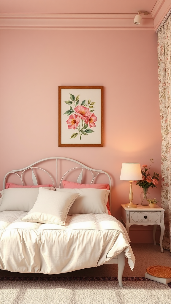 Cozy light pink bedroom featuring charming floral wall art above the bed.