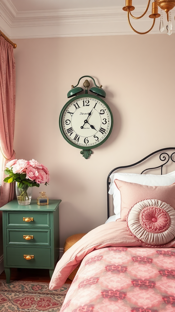 A cozy bedroom featuring a pink alarm clock and wooden bed frame with soft bedding.