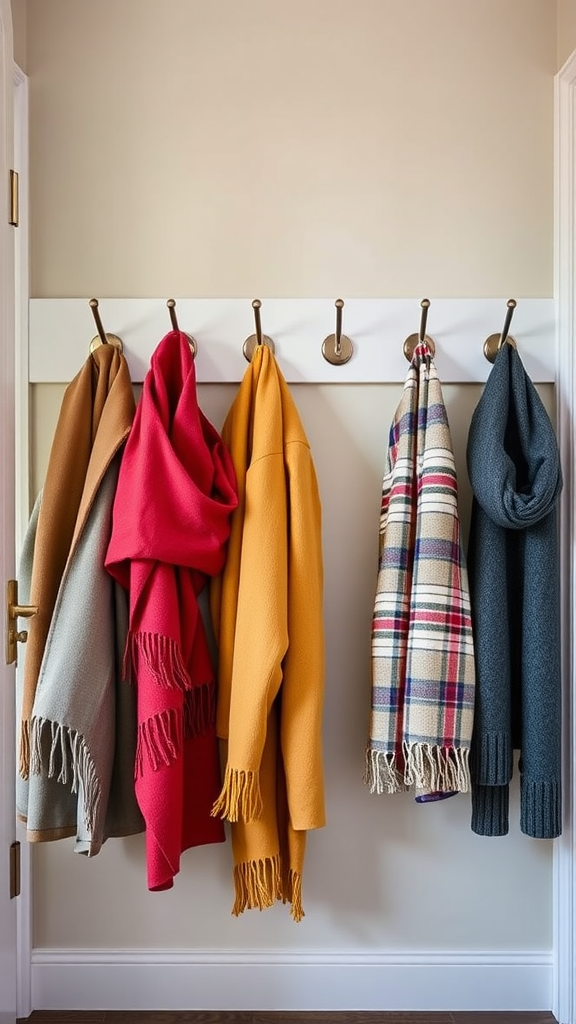 A neatly organized coat and scarf rack with colorful outerwear hanging on hooks.