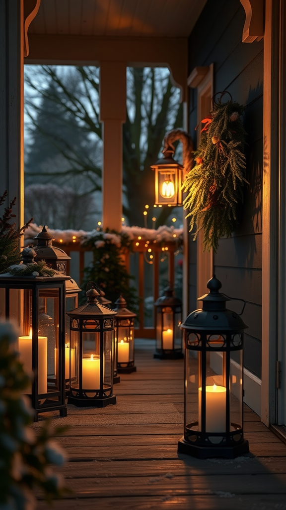 A winter porch decorated with glowing lanterns and a wreath, creating a cozy atmosphere.