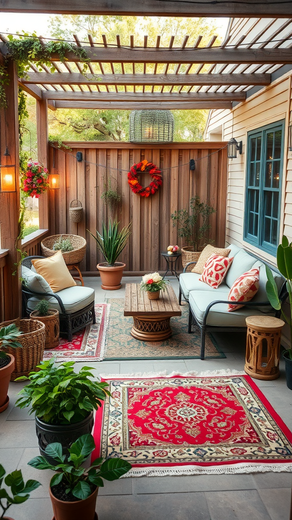 Cozy outdoor patio with charming rugs and comfortable seating